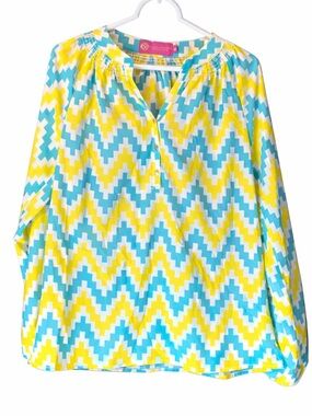 Macbeth Collection by Margaret Josephs Yellow Blue Chevron Blouse Size Medium